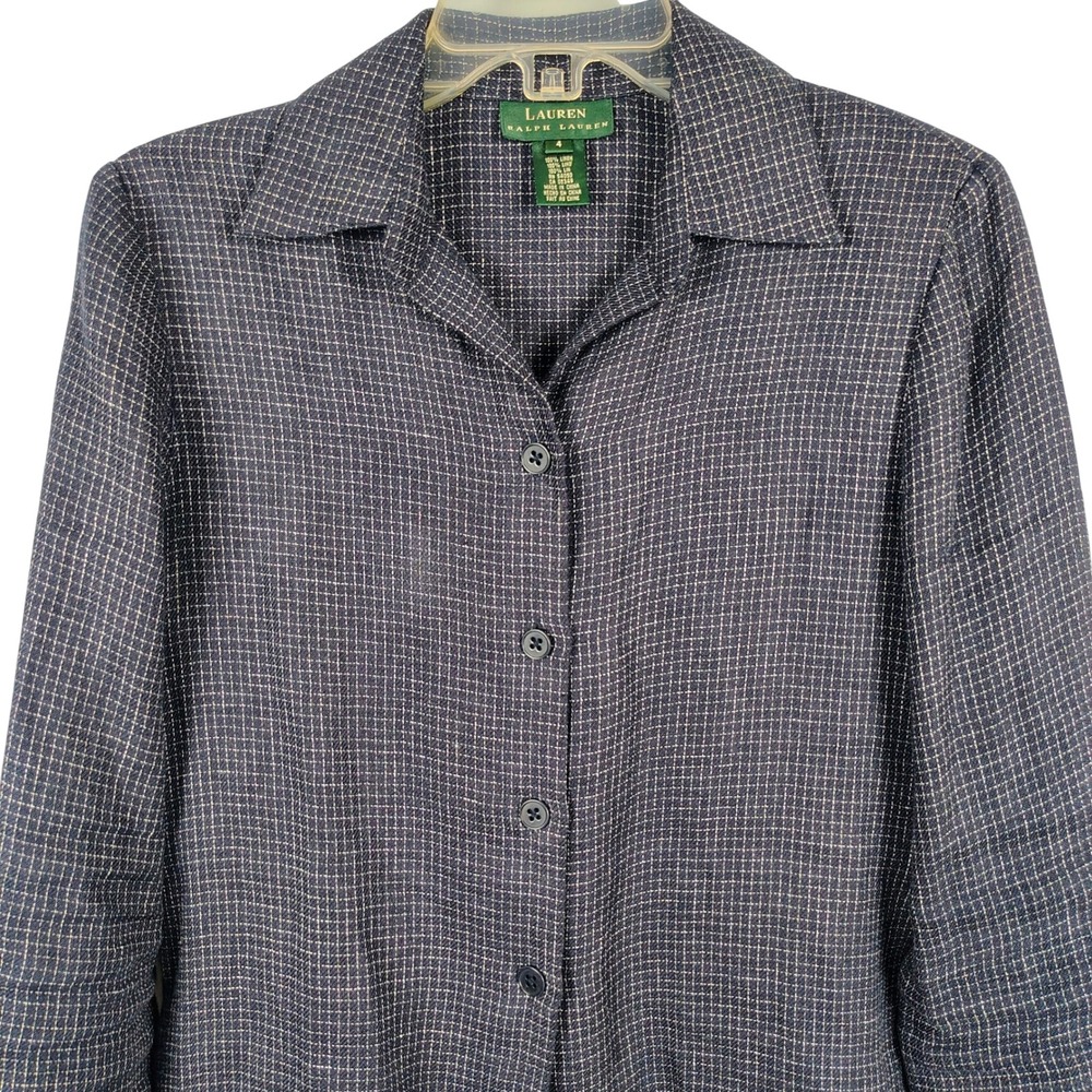 Lauren Ralph Lauren Womens SZ 4 Linen Button Up Shirt Navy Grid Dark Academia
